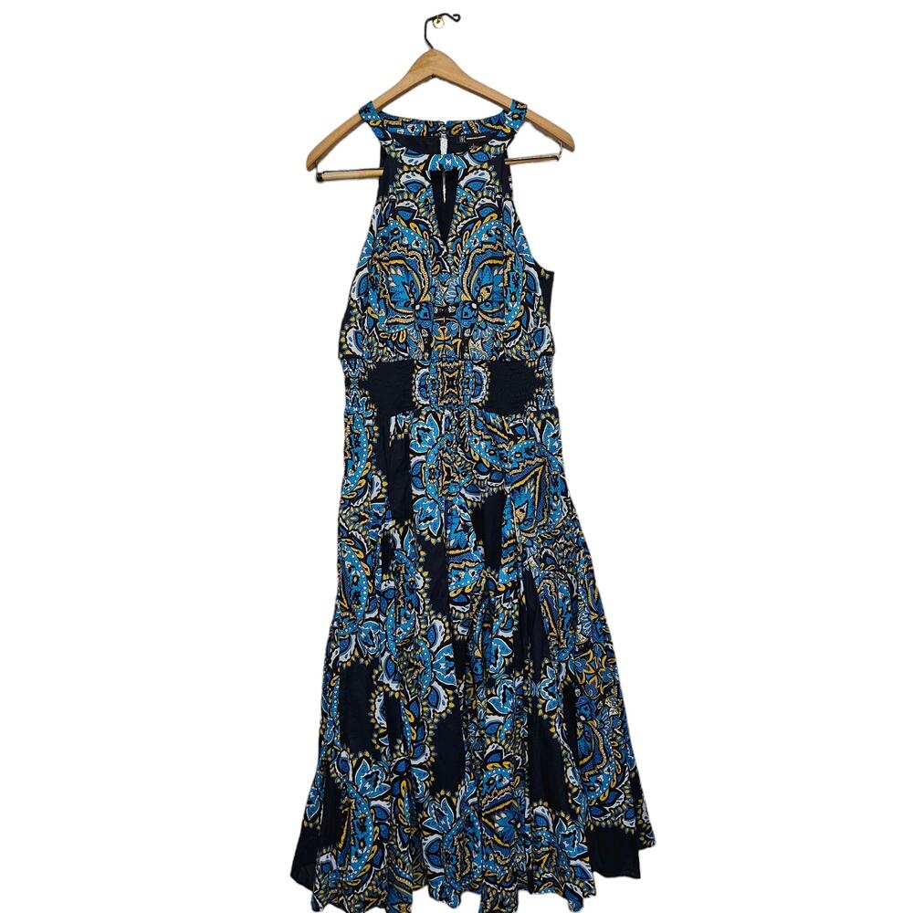 I.N.C Sleeveless Floral Maxie Dress Size L Blue/Yellow/ White Flare Boho